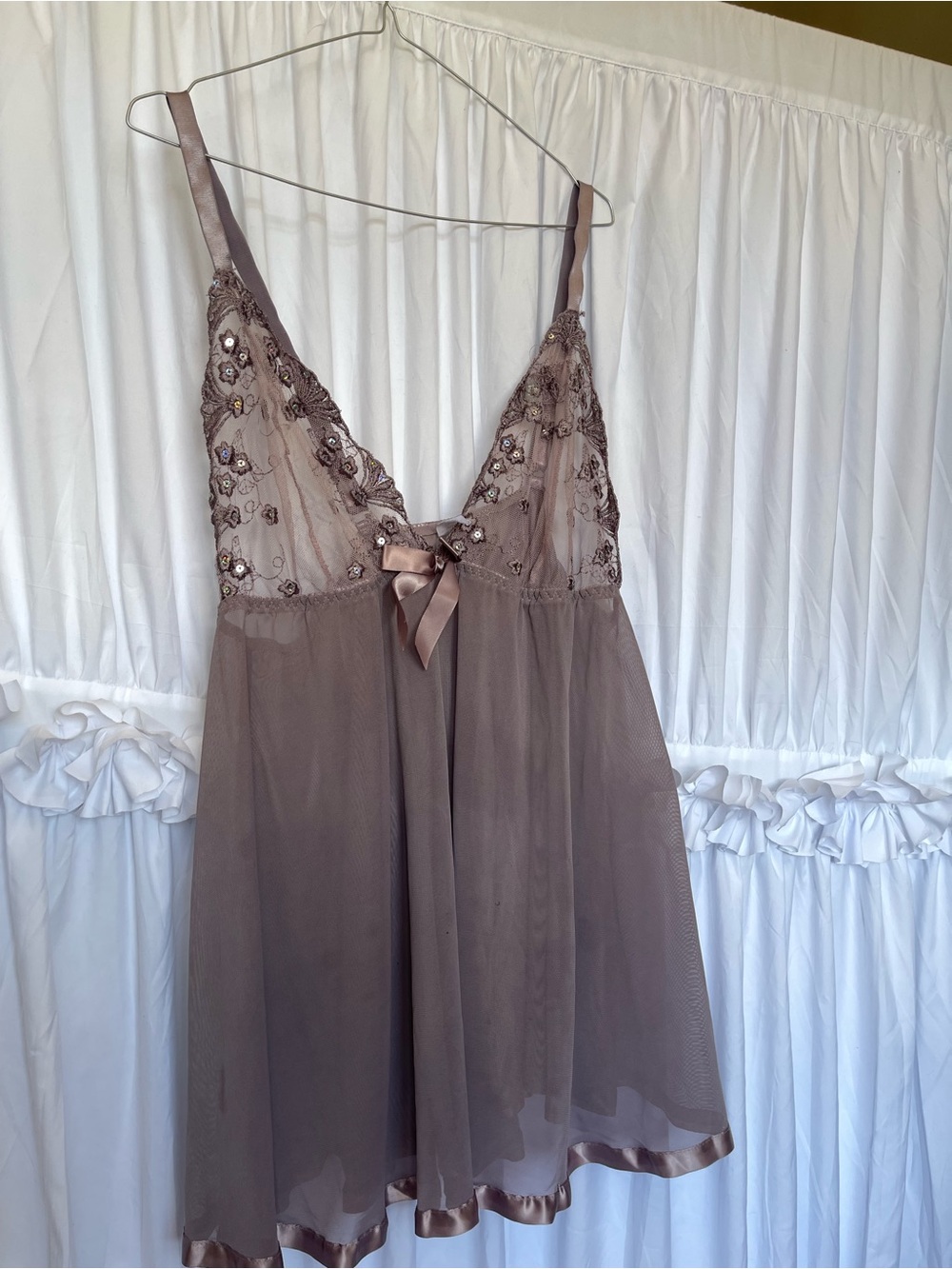 Sheer Embroidered Babydoll Chemise in Taupe